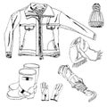 Collection with hand drawn of items of autumn clothes. Monochrome ink sketch objects isolated on white background