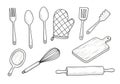 Collection of hand-drawn kitchen utensils and baking tools scattered for creative culinary use Royalty Free Stock Photo