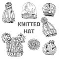 Collection with hand drawn knitted hats and berets. Monochrome ink sketch objects isolated on white background