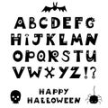 Happy Halloween scary alphabet. Spooky font, letters with teeth and eyes. Hand drawn lettering. Isolated vector typography.