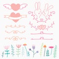 Collection Of Hand Drawn Lovely For Wedding. Doodle Vector Illustration Include Heart, Flower And Rabbit. Royalty Free Stock Photo