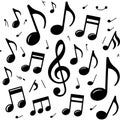Hand drawn musical notes and symbols scattered across white background Royalty Free Stock Photo