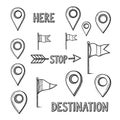 Collection of hand drawn navigation and location icons including map pins flags and arrows isolated on white background Royalty Free Stock Photo
