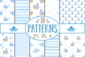 Collection of hand-drawn seamless patterns. Vector image on the marine theme for a boy. Illustration for holiday, baby shower, bir Royalty Free Stock Photo