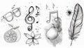 Collection of Hand-Drawn Sketches - Glasses, Music Notes, Fruit, and Feather Royalty Free Stock Photo
