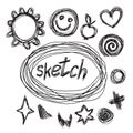 Collection of hand-drawn sketches heart, stars, apple and round