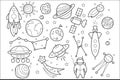 Vector set of hand drawn space objects. Flying saucers of aliens, spaceship, rocket, astronaut, cosmic satellite, stars