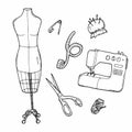 The collection of hand drawn tailor tools for your design. Doodle, sketch Royalty Free Stock Photo