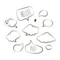 Collection of hand drawn think and talk bubbles message. Doodle style black comic balloon with inspiration, cloud, heart sh Royalty Free Stock Photo