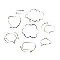 Collection of hand drawn think and talk speech bubbles message. Doodle style black comic balloon, cloud, heart shaped design eleme Royalty Free Stock Photo