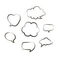 Collection of hand drawn think and talk speech bubbles message. Doodle style black comic balloon, cloud, heart design eleme Royalty Free Stock Photo