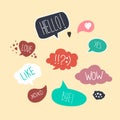 Collection of hand drawn think and talk speech bubbles message. Trendy comic balloon, cloud, heart shaped design elements. Isolate