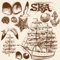 Collection of hand drawn vintage elements on sea theme