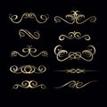 Collection of hand drawn vintage frame for text decoration in vector in gold on black background, curled lines.