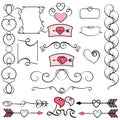 Collection of hand drawn vintage swirl ornaments with hearts. Valentine`s day design elements. Valentine`s day invitation cards an