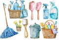 collection of hand drawn watercolor cleaning accessories and items on white background Royalty Free Stock Photo