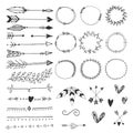 Collection of hand drawn wedding design elements, arrows, circles boders hearts and feathers.