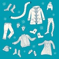 Collection of hand drawn winter clothing items:scarf, dress Royalty Free Stock Photo