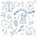 Collection of hand drawn winter clothing items:scarf, dress, Royalty Free Stock Photo