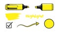 Bright yellow highlighter pen and marker strokes with check mark and arrow elements Royalty Free Stock Photo