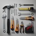 Collection of hand tools on a gray surface includes a claw hammer Royalty Free Stock Photo