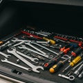 A collection of hand tools neatly arranged in a toolbox. The assortment includes Royalty Free Stock Photo