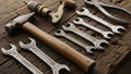 Hammer a set of open end wrenches with sizes marked on them a hand drill Royalty Free Stock Photo