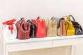 Collection of handbags standing in a row