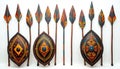 Collection of handcrafted African shields and spears. Bright patterned warrior weapons display tribal heritage. Ethnographic Royalty Free Stock Photo