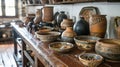 Rustic Pottery Collection Displayed on Wooden Shelf in Workshop Environment Royalty Free Stock Photo