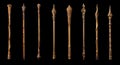 Collection of handcrafted wooden magic wands isolated on a black background. Generative AI illustrations