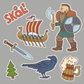 Collection of handdrawn stiÃÂkers with viking symbols.