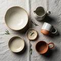 Collection of handmade ceramic tableware arranged on a textured linen Royalty Free Stock Photo