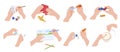 Collection handmade hobbies vector flat illustration. Set of human hands doing crafts activity