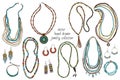 Collection of handmade jewelry: necklace, earrings, bracelets, beads. Hand-drawn