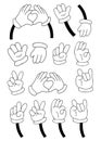 Collection of hands in gloves, different gestures - heart, ok, hello, two fingers. Vector illustration. Linear hand