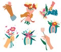 Collection of hands holding bouquets or bunches of blooming flowers. Bundle of floral decorative design elements. Colorful Royalty Free Stock Photo