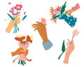 Collection of hands holding bouquets or bunches of blooming flowers. Different skin colors hands with flowers. Set of elegant