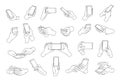 Collection of hands holding modern smartphone drawn with black contour lines. Bundle of outline drawings of palms and Royalty Free Stock Photo