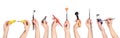 Collection of hands holding tools for makeup Royalty Free Stock Photo