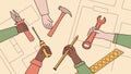 A collection of hands holding various construction tools, vector design Generative AI Royalty Free Stock Photo
