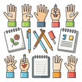 Collection of hands, notebooks, and writing utensils Royalty Free Stock Photo