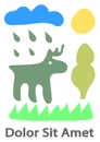 Collection of handwritten decorative colorful design elements hand drawn in trendy style-cloud, sun, rain, elk, tree, grass sample