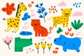 Collection of handwritten doodle animals and decorative design elements hand drawn in trendy doodle style - spots, plants, symbols