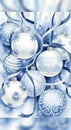 A collection of hanging blue and white Christmas ornaments with ribbons. An elegant watercolor illustration for a festive winter Royalty Free Stock Photo