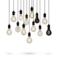 Collection of hanging light bulbs isolated on white background Royalty Free Stock Photo