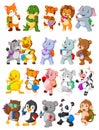 Collection of happy animal go to school