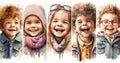 Collection of happy children\'s faces, laughter boys and girls, smiling kids watercolor clipart Royalty Free Stock Photo