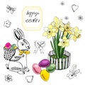 Collection of happy easter elements. Hand drawn sketch of rabbit, spring flowers, bows and eggs. Royalty Free Stock Photo