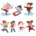 Collection of happy kids playing snow in winter Royalty Free Stock Photo